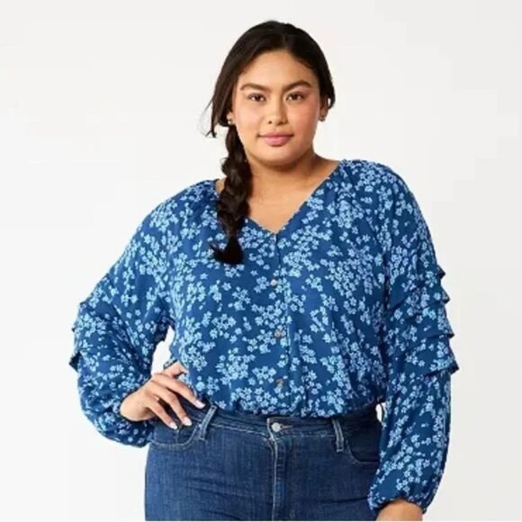 Draper James RSVP Ruffled Long Sleeve Bodysuit Size 2X Button Front Floral Blue - Picture 12 of 12